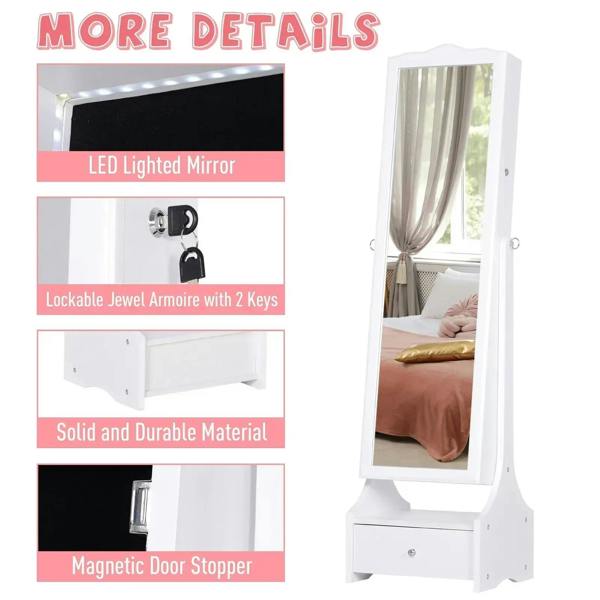 White jewelry armoire with LED-lit mirror, lock, and magnetic door stopper detail