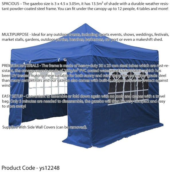 3x4.5m Pop-Up Gazebo & Side Walls Set BLUE Strong Outdoor Garden Pavillion Tent - LoopsDirect