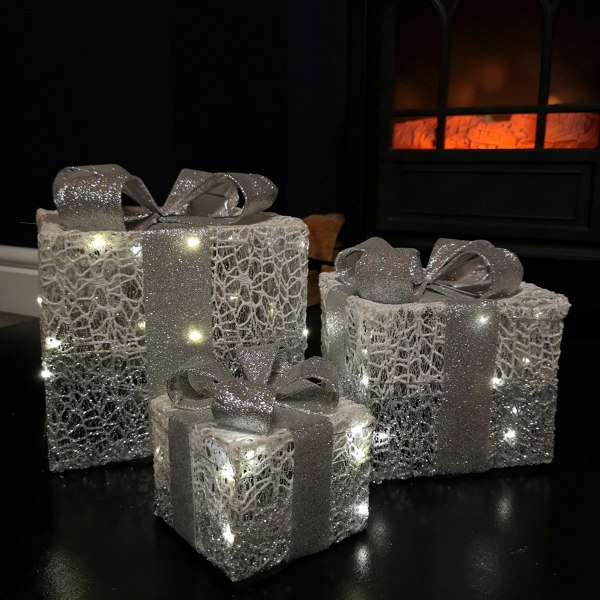 Samuel Alexander Set of 3 Battery Operated Silver Sparkly Christmas Gift Boxes with LEDs