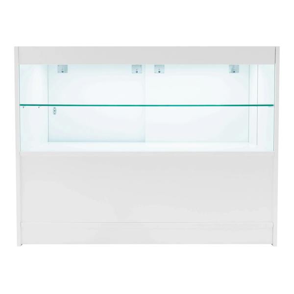 Selene LED shop counter set in white with two glass shelves, sleek design, illuminated interior, perfect for displaying products