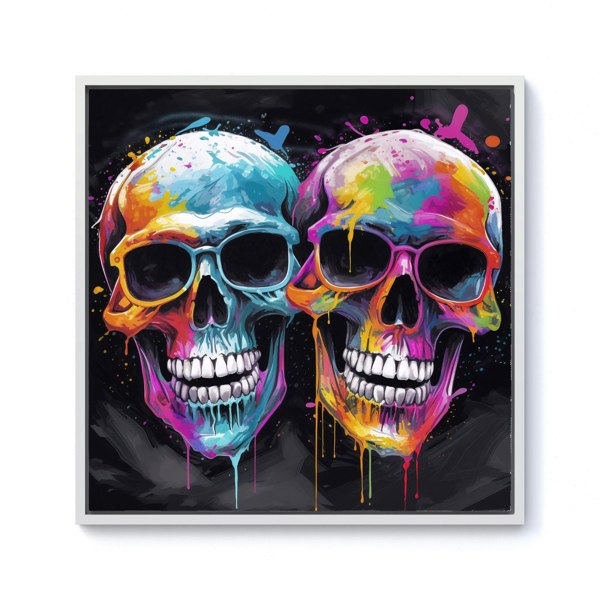 Warren Reed Splash Art Happy Skeletons In Glasses Framed Canvas