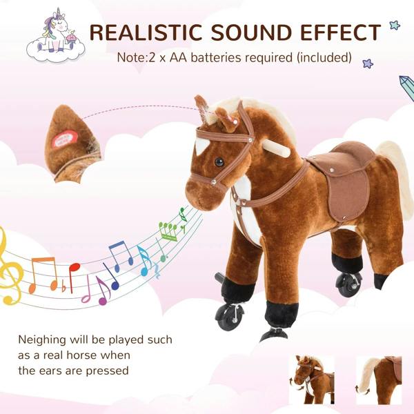 Brown plush ride-on horse toy with bridle, saddle, and four rolling wheels