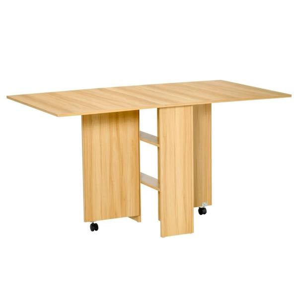Teak drop-leaf folding dining table with open storage shelves and casters