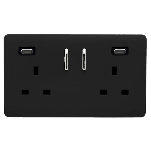 Trendi Switch 2 Gang USB 65W Type C USB Plug Socket in Matt Black