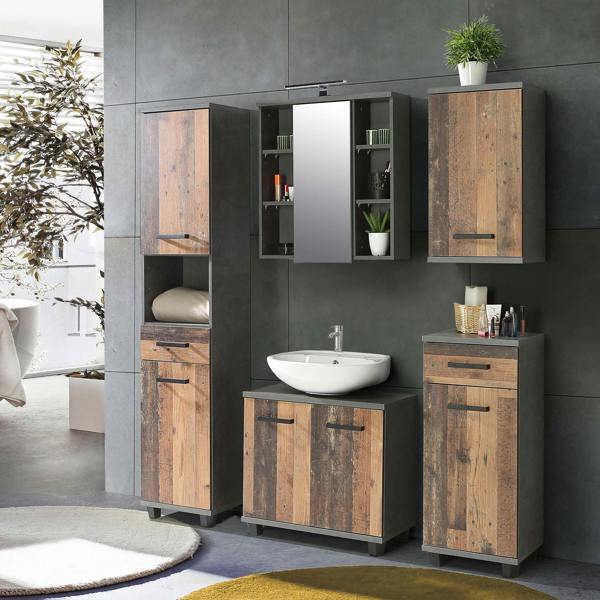 Furniture To Go Veris Under Sink Cabinet with 2 Doors in Walnut and Dark Grey