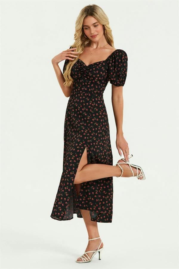 FS Collection Puff Sleeve Heart Neckline Midi Dress In Black