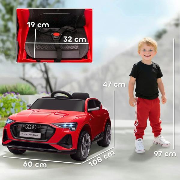Red kids electric ride-on car with black seat and steering wheel, front view
