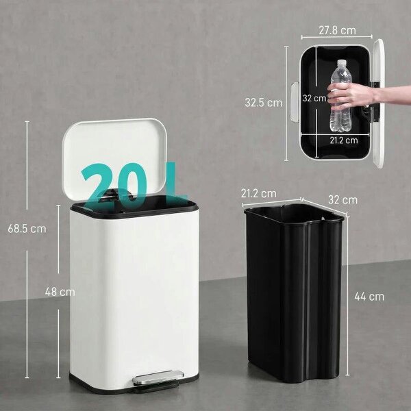 20 L Kitchen Pedal Bin, Metal Rubbish Bin with Removable Inner Bucket, Soft-Close & Stay-Open Lid, Cream White