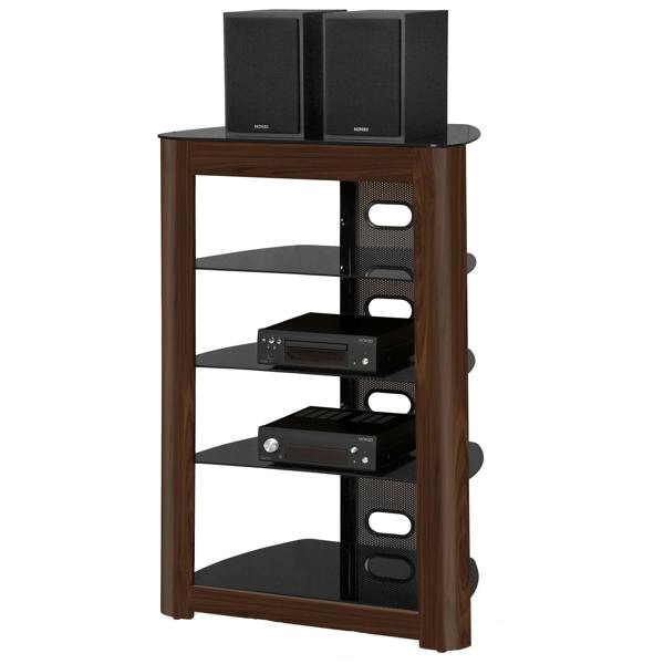 Homeology ZINNIA 5-Tier Walnut Fascia with Black Glass Shelves Entertainment Media Audio Rack