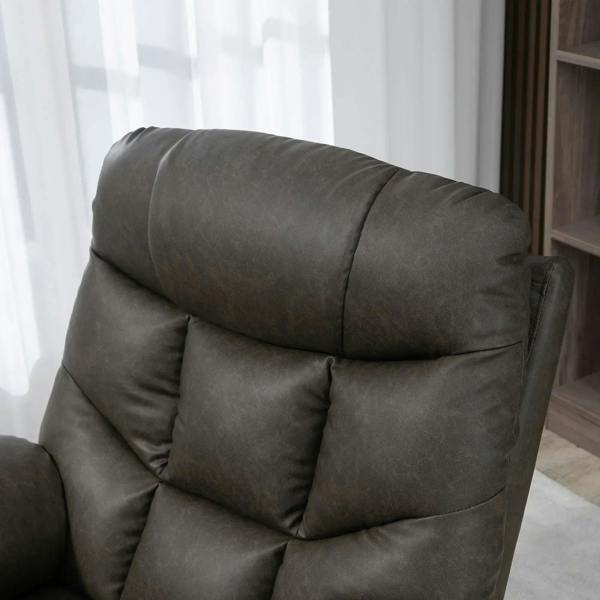 Dark faux-leather recliner back with padded headrest and segmented cushions