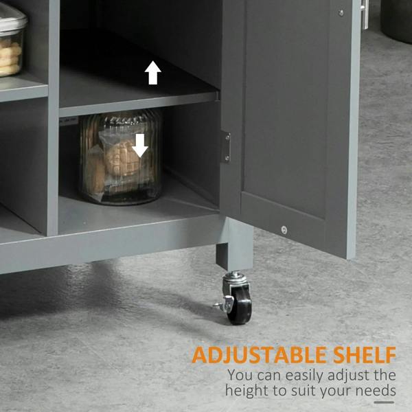 Grey kitchen trolley cart interior with adjustable shelf and cabinet door