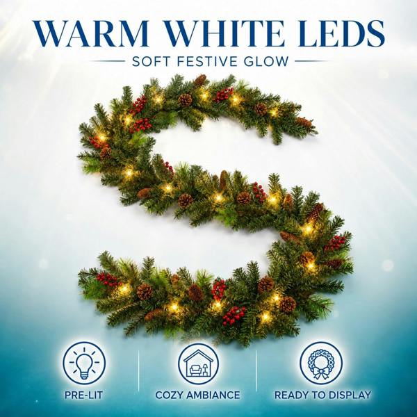 2m Green Christmas Tree Garland with Mixed Tips, Red Berries, Pine Cones and Warm White LEDs image 5