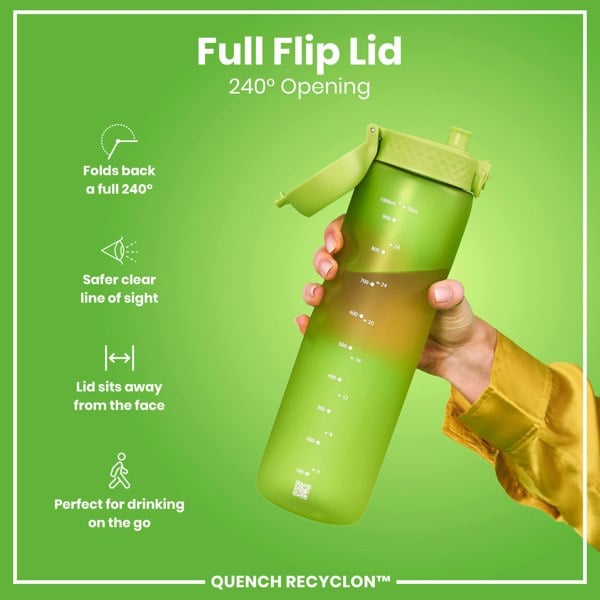A green water bottle with a full flip lid is being held; its 240° opening allows for easy drinking on the go. The bottle has measurement markings. The lid folds back completely and sits away from the user's face.