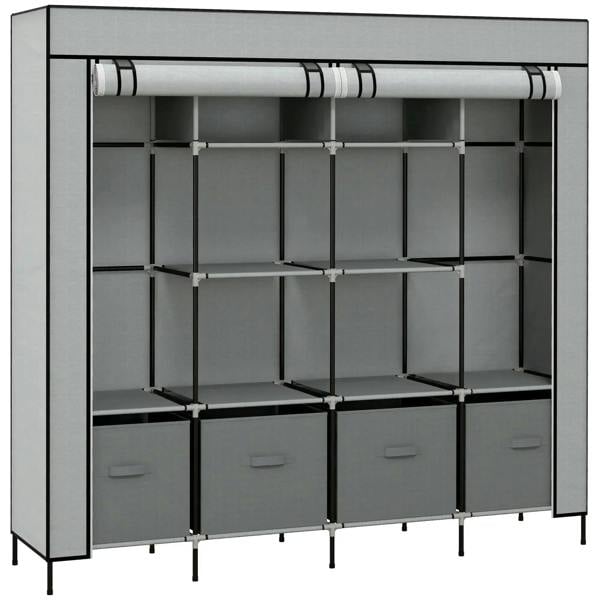 Dark grey fabric wardrobe with hanging rail, shelves, and four fabric drawers