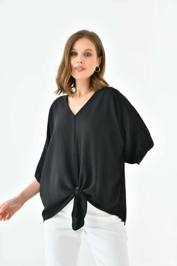 Hoxton Gal Oversized V Neck Tie Front Detailed Blouse with 3/4 Sleeves in Black
