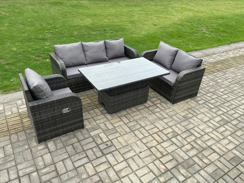 Fimous Outdoor Rattan Garden Dining Set - Dark Grey Mixed Patio Height Adjustable Rising Lifting Table with 3-Seater Sofa & Reclining Chair