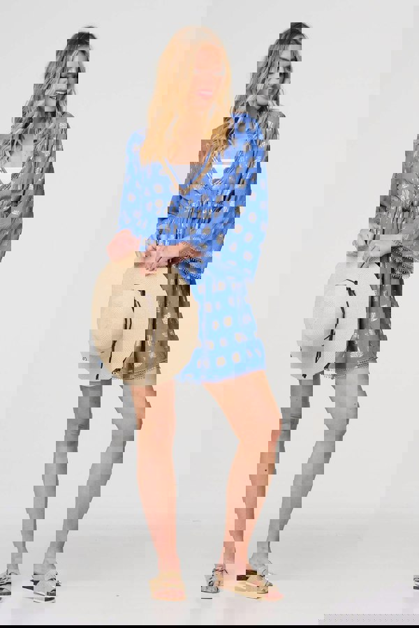 Blue  | Foiled Leaf Print Short Beach Dress