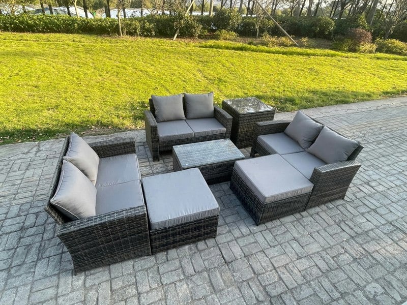 Fimous 7 pc Rattan Sofa Garden Furniture Outdoor Patio Set with Side Tables 2 Big Footstool Love Seat Sofa Dark Grey Mixed