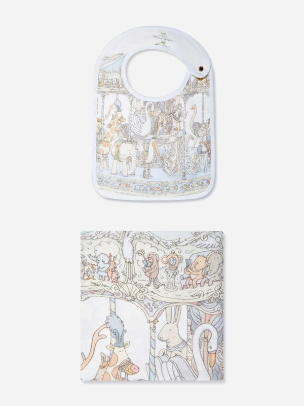 Atelier Choux Baby Boys Carousel Swaddle And Satin Bib Gift Set in Blue