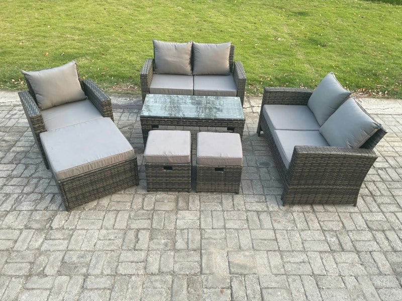 Fimous Outdoor Rattan Patio Furniture Set Garden Lounge Sofa Set with 3 Footstools Coffee Table Dark Grey Mixed