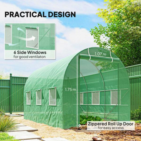 Green walk-in polytunnel greenhouse with zip roll-up door and six side windows