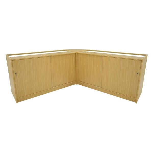 Selene LED Shop Counter Set in maple finish, featuring a modern corner design with smooth surfaces and sleek lines, ideal for retail spaces