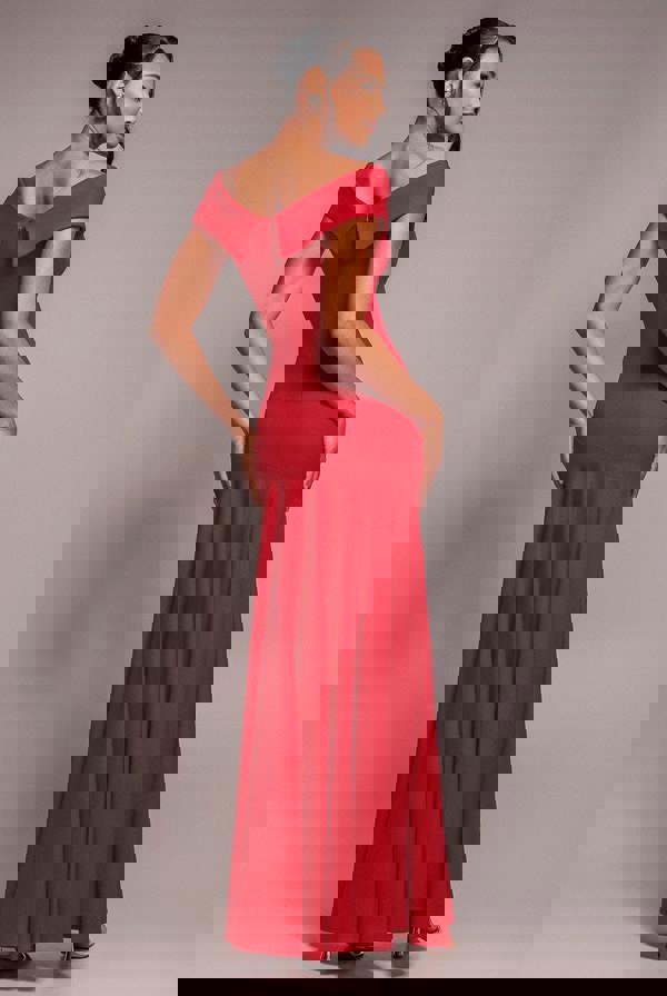 Scuba Crepe Off Shoulder Front Split Maxi Dress - Red DR2930SC