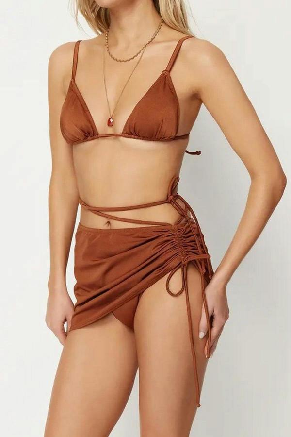 WOVCOR Triangle Skirted Covered Brazilian Regular Waist 3-Piece Bikini Set