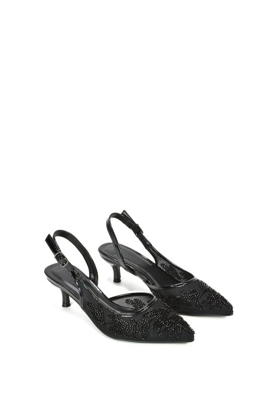 XY LONDON Embroidered Slingback Court Shoes With Kitten Heel