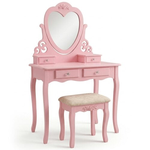 Kosy Koala Pink Heart Dressing Table Makeup Desk Vanity Set White Mirror Drawers Stool