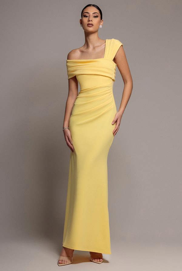One Shoulder Asymmetric Scuba Crepe Maxi Dress - Butter Yellow DR3231