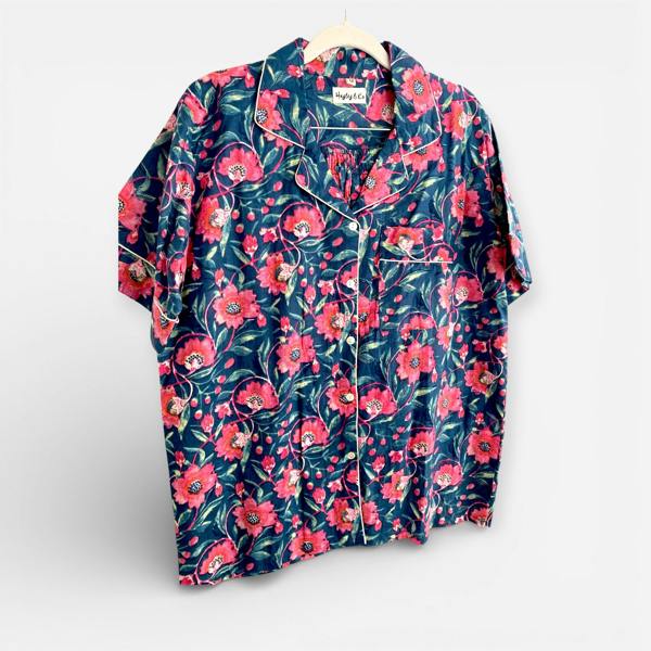 Hayley & Co Navy and Pink Block Print Floral 100% Cotton Short Pyjama Set