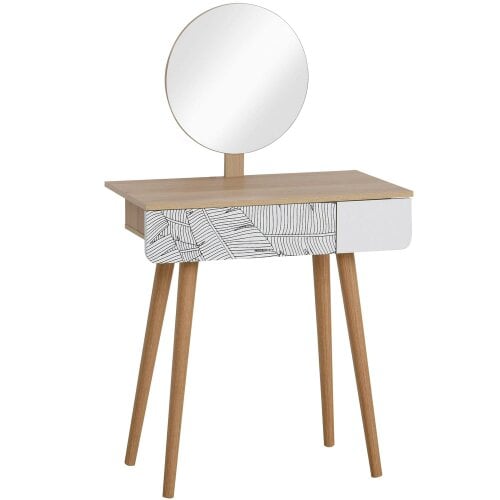 Wyld Haus Zino Oak Wood Botanical Pattern Dressing Table With Adjustable Mirror And Drawer Storage For Bedroom