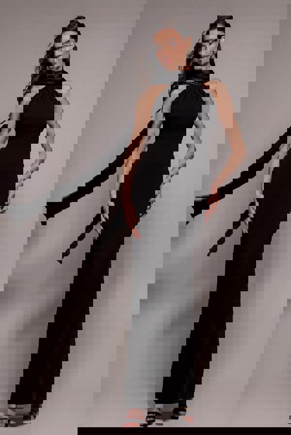 Satin Multi-Tie Halterneck Maxi Dress - Black DR4973QZ