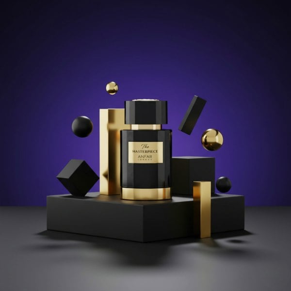 Anfar The Masterpiece 100ml Luxury perfume bottle with gold and black design on a dark platform against a purple background