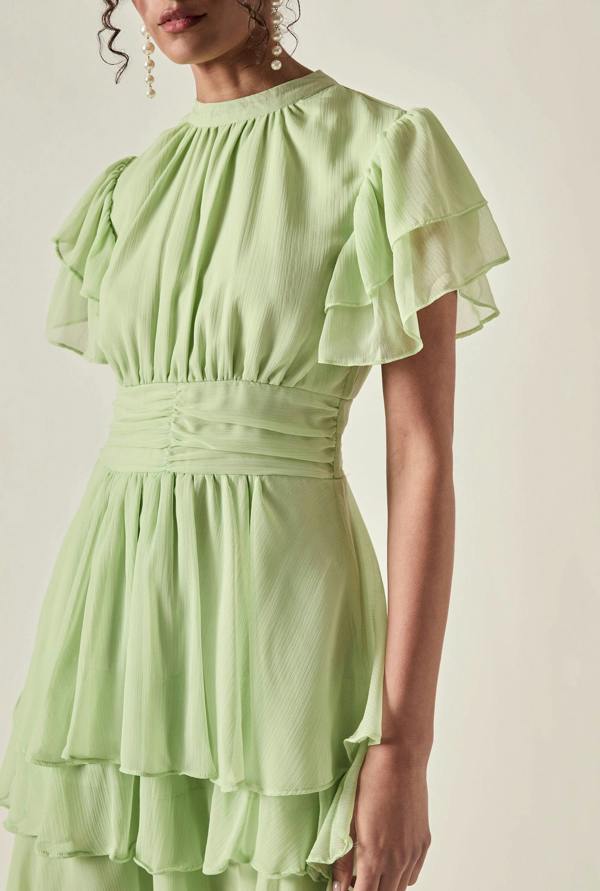 Green Tiered Ruffle Maxi Dress with ruched front waistband