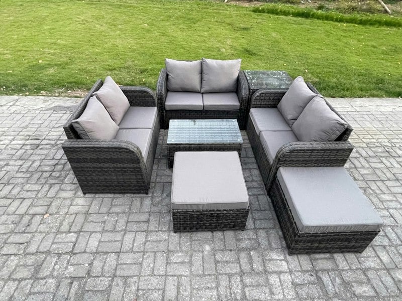 Fimous Wicker PE Rattan Garden Furniture Set 8 Seater Outdoor Lounge Sofa Set with Love Sofa Coffee Table Side Table 2 Big Footstool Dark Grey Mixed