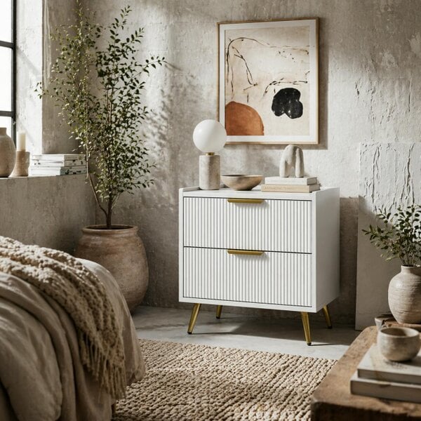 Wyld Haus Yoha White and Gold Ribbed 2 Drawer Bedside Table