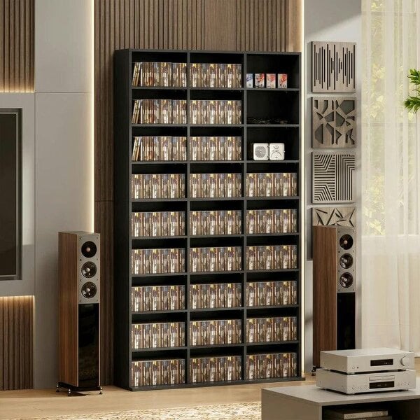 Bobobiy 835 CD/500 DVD Storage Unit, Blu-ray Media Storage Shelf with 27 Compartments and 21 Adjustable Shelves, Black