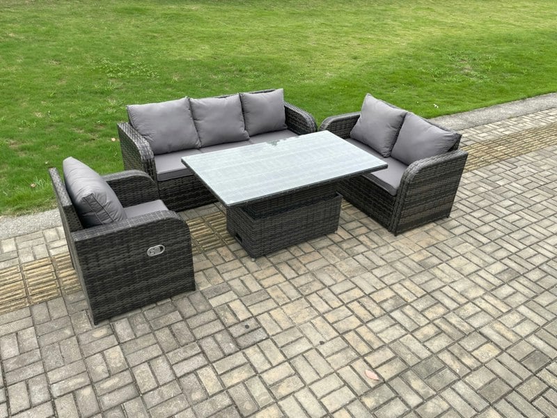 Fimous Outdoor Rattan Garden Dining Set - Dark Grey Mixed Patio Height Adjustable Rising Lifting Table with 3-Seater Sofa & Reclining Chair