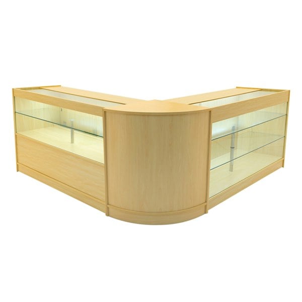Hera LED Shop Counter Set in maple finish, featuring a sleek, curved design with glass display shelves and integrated lighting
