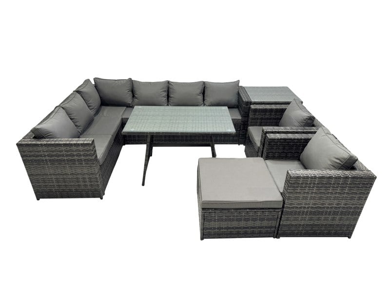 Fimous 9 seater Outdoor PE Rattan Sofa Set with Dining Table Patio Garden Furniture Sets with 2 Chair Big Stool Side Table Dark Grey Mixed