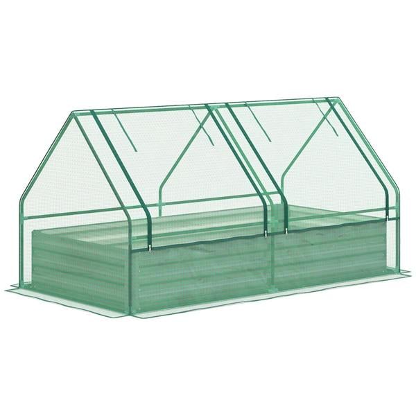 Raised metal planter box with green frame and transparent greenhouse cover, dark grey base