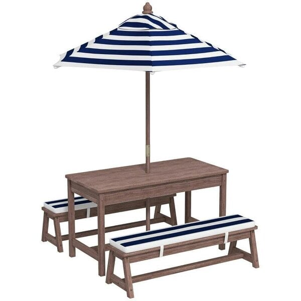 Outdoor Wooden Kids Picnic Table & Bench Set with Cushions and Umbrella, for Patio, Garden, Navy Blue