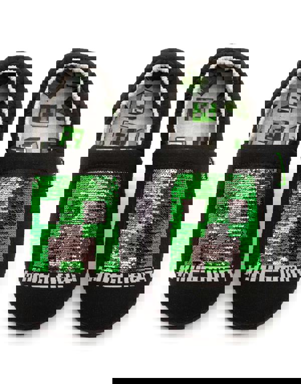 Minecraft Boys Black Creeper Sequin Applique Slip On Loafer Slippers
