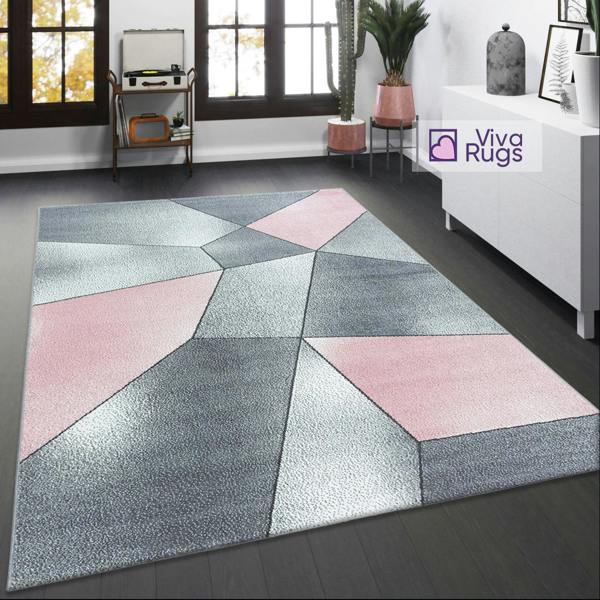 Viva Rugs Blush Pink Grey Rug Pastel Geometric Carpet Large Small Living Room Bedroom Area Mat