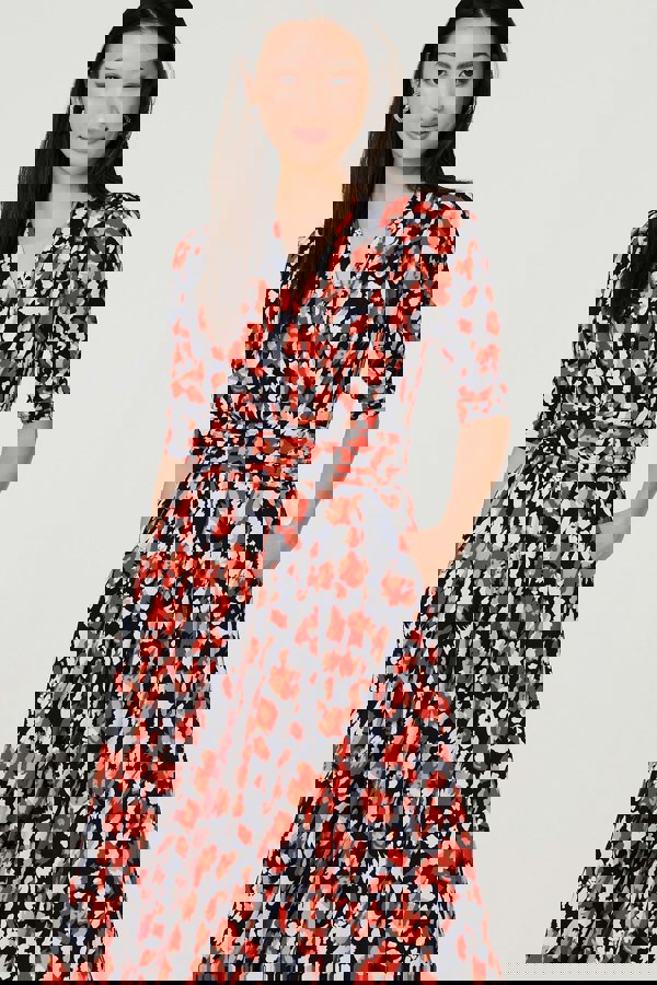 Orange | Printed 3/4 Sleeve V-Neck Midi Wrap Dress
