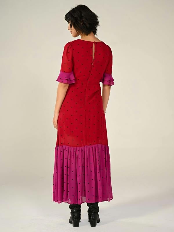 Rose & Nancy Saphi Red And Pink Polka Dot Maxi Dress