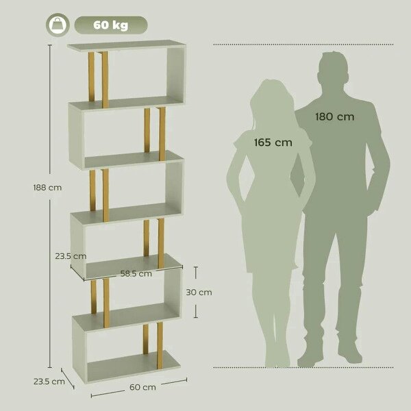 S-Shaped Bookshelf, 6-Tier Bookcase, Freestanding Storage Shelves with Anti-Tip Strap for Living Room, Light Green