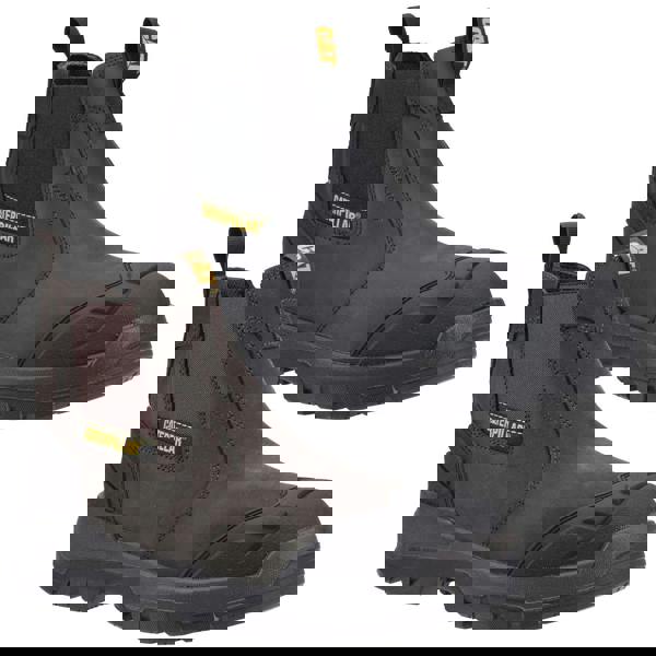 Caterpillar Striver XL Mens Pull On Waterproof S7 Safety Dealer Boots, showing two pairs of durable work boots in black and brown colors with slip-on design, rugged toe protection, and slip-resistant soles.